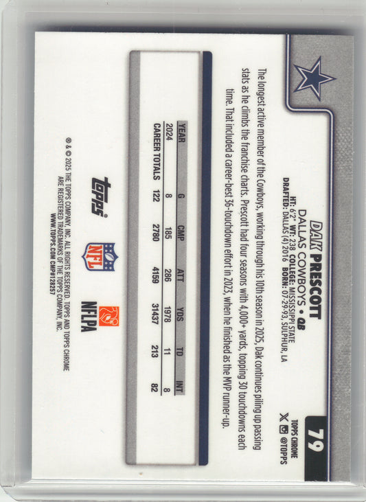 2025 Topps Chrome #79 Dak Prescott Teal Refractor #/299 Dallas Cowboys SN