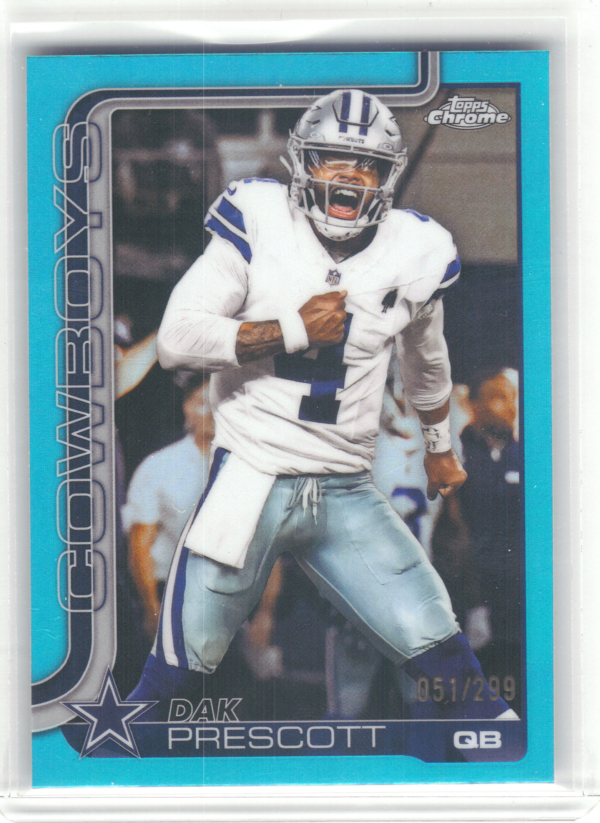 2025 Topps Chrome #79 Dak Prescott Teal Refractor #/299 Dallas Cowboys SN