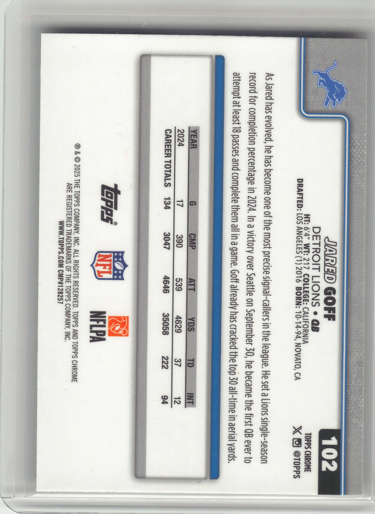 2025 Topps Chrome #102 Jared Goff Lime Green X-Fractor Detroit Lions