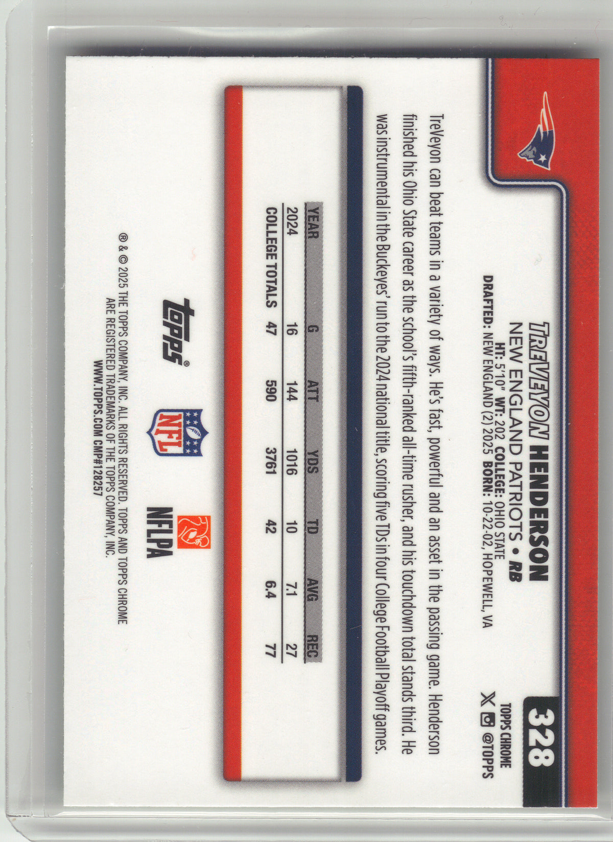 2025 Topps Chrome #328 TreVeyon Henderson Lime Green X-Fractor New England Patriots RC