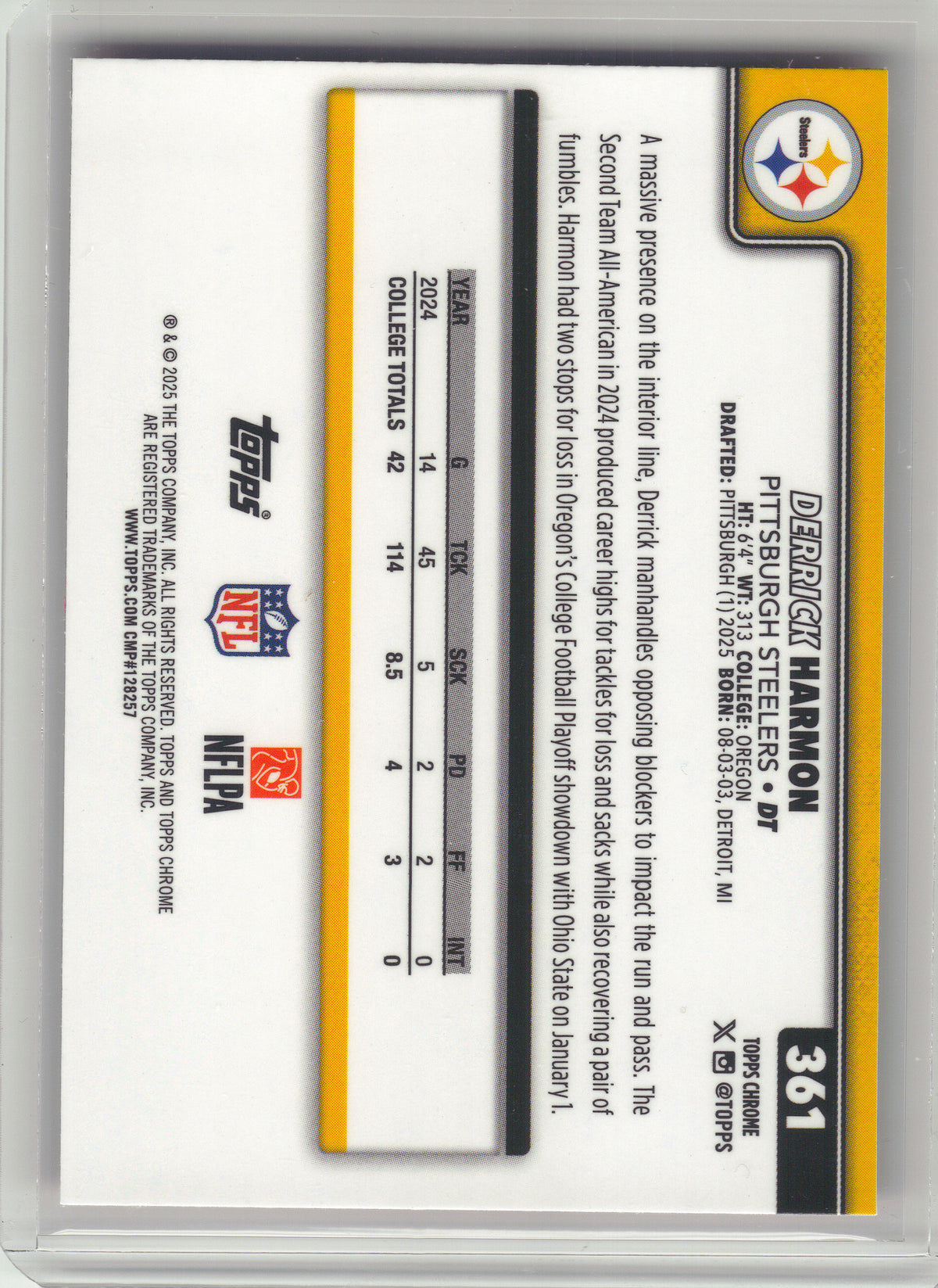 2025 Topps Chrome #361 Derrick Harmon Hot Pink X-Fractor Pittsburgh Steelers RC