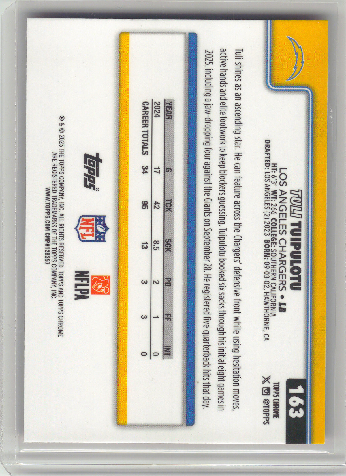 2025 Topps Chrome #163 Tuli Tuipulotu Hot Pink X-Fractor Los Angeles Chargers