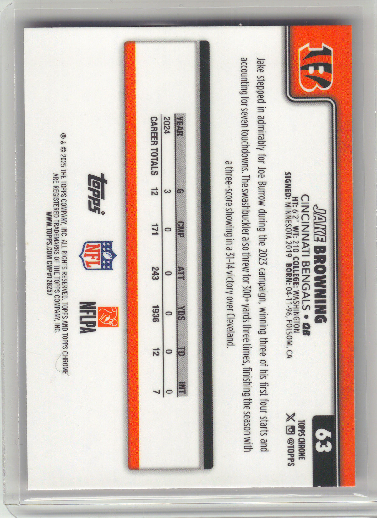 2025 Topps Chrome #63 Jake Browning Hot Pink X-Fractor Cincinnati Bengals