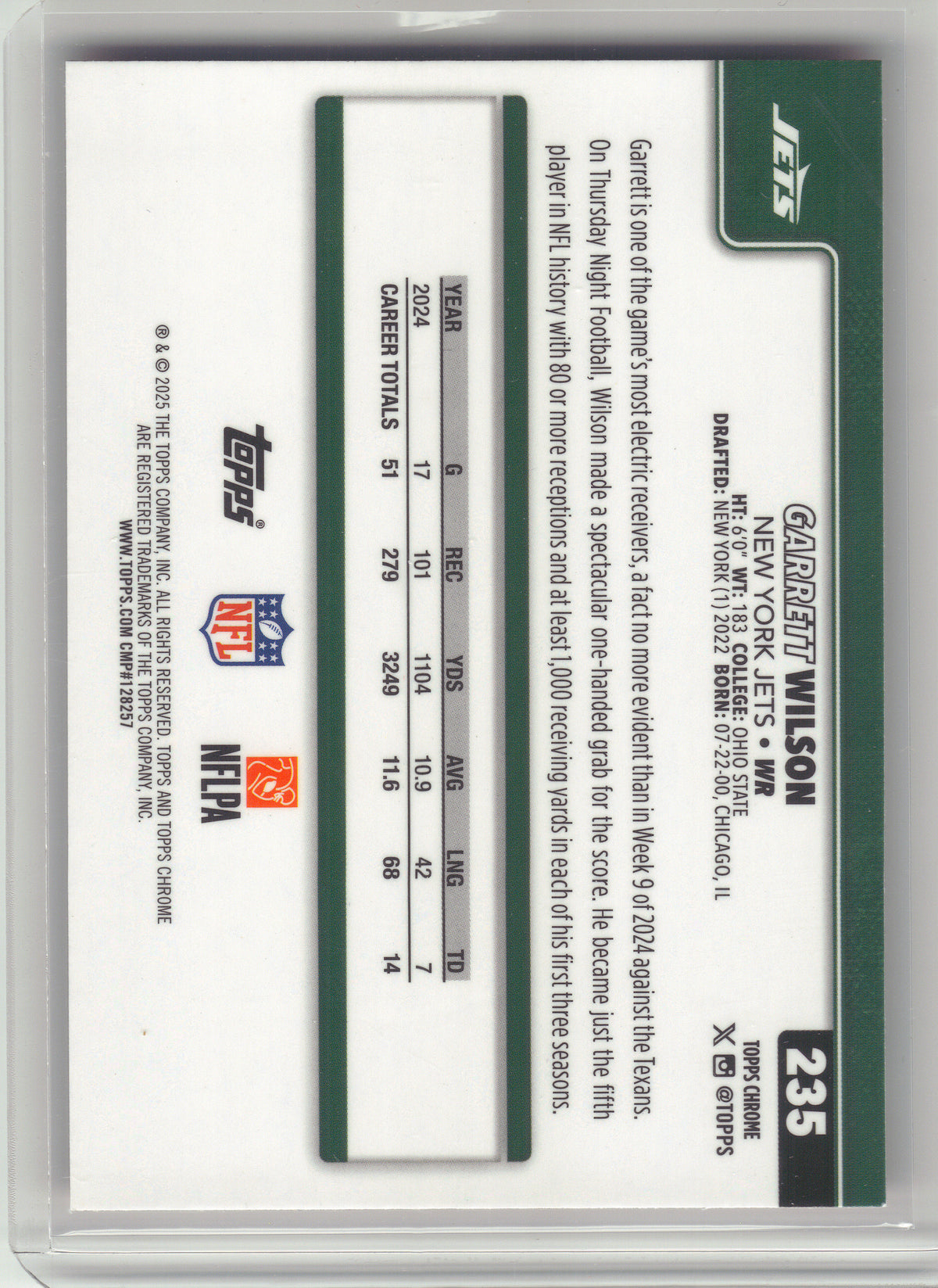 2025 Topps Chrome #235 Garrett Wilson Hot Pink X-Fractor New York Jets