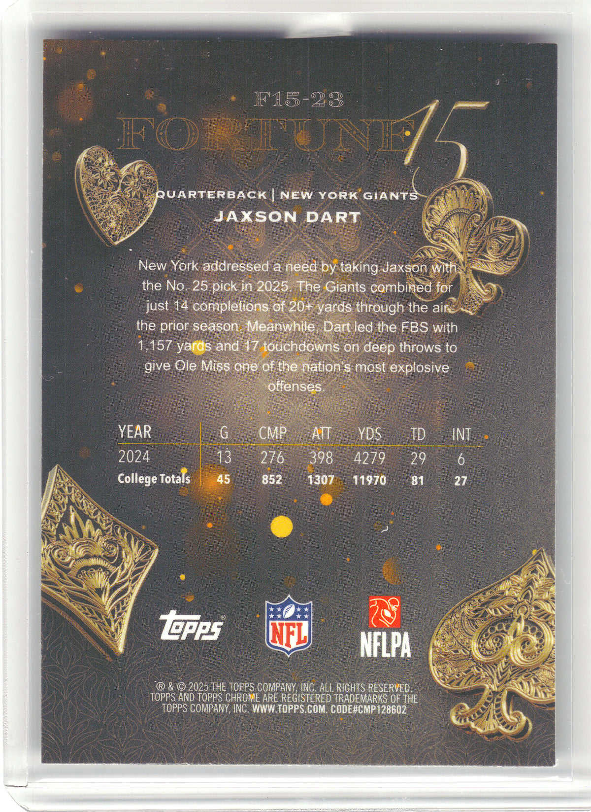 2025 Topps Chrome #F15-23 Jaxson Dart Fortune 15-Fractor New York Giants