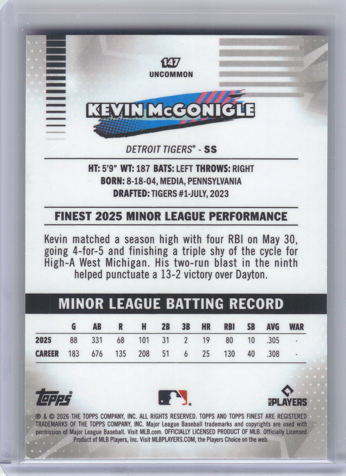 2026 Finest #147 Kevin McGonigle Detroit Tigers RC