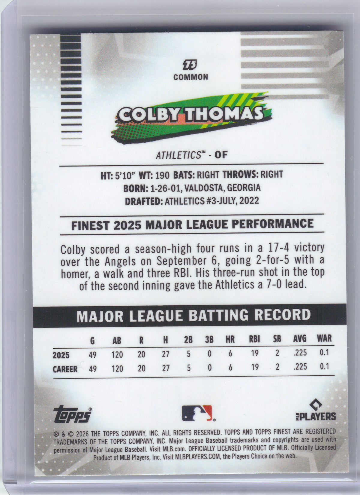 2026 Finest #75 Colby Thomas Athletics RC