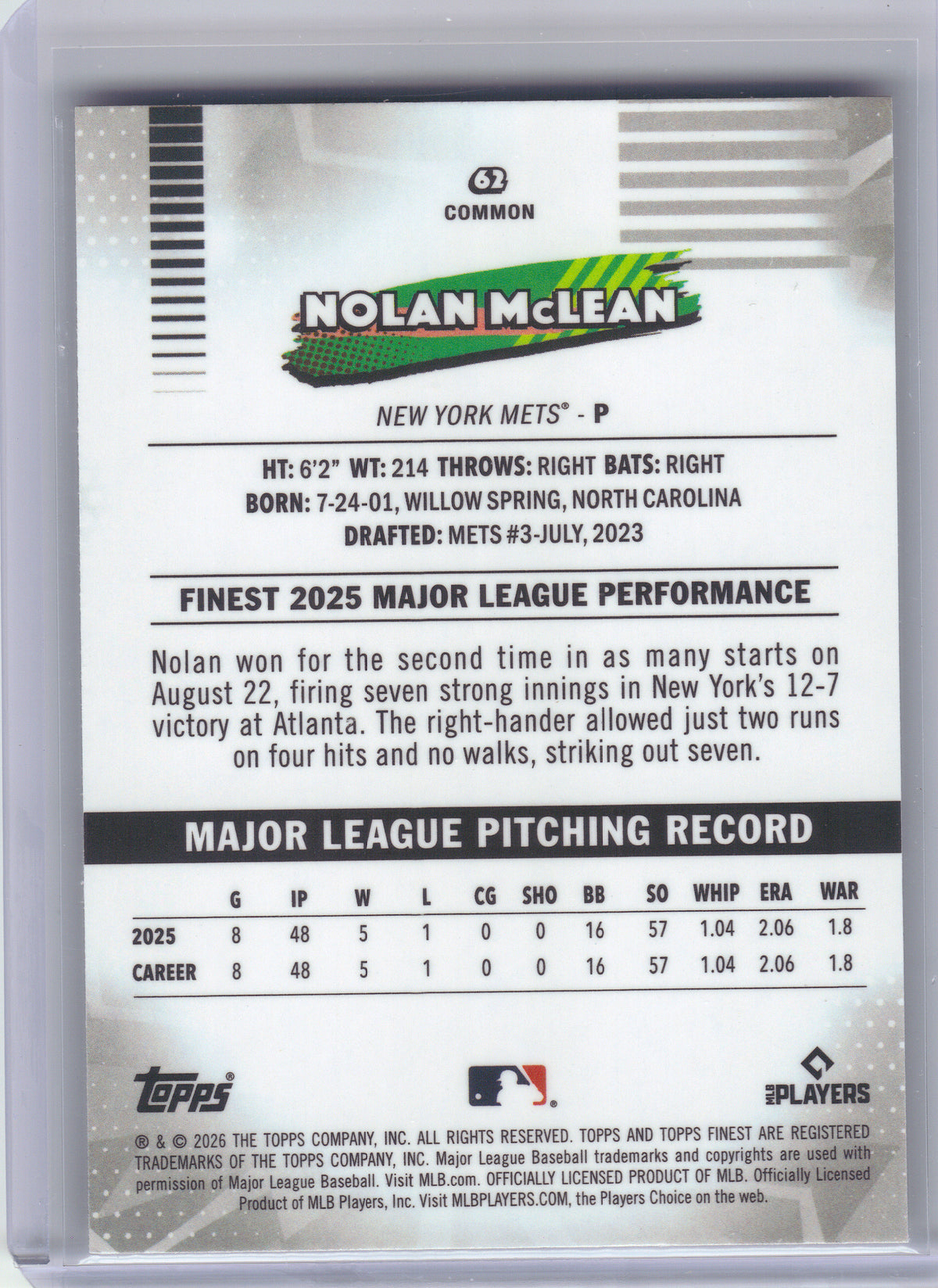 2026 Finest #62 Nolan McLean New York Mets RC