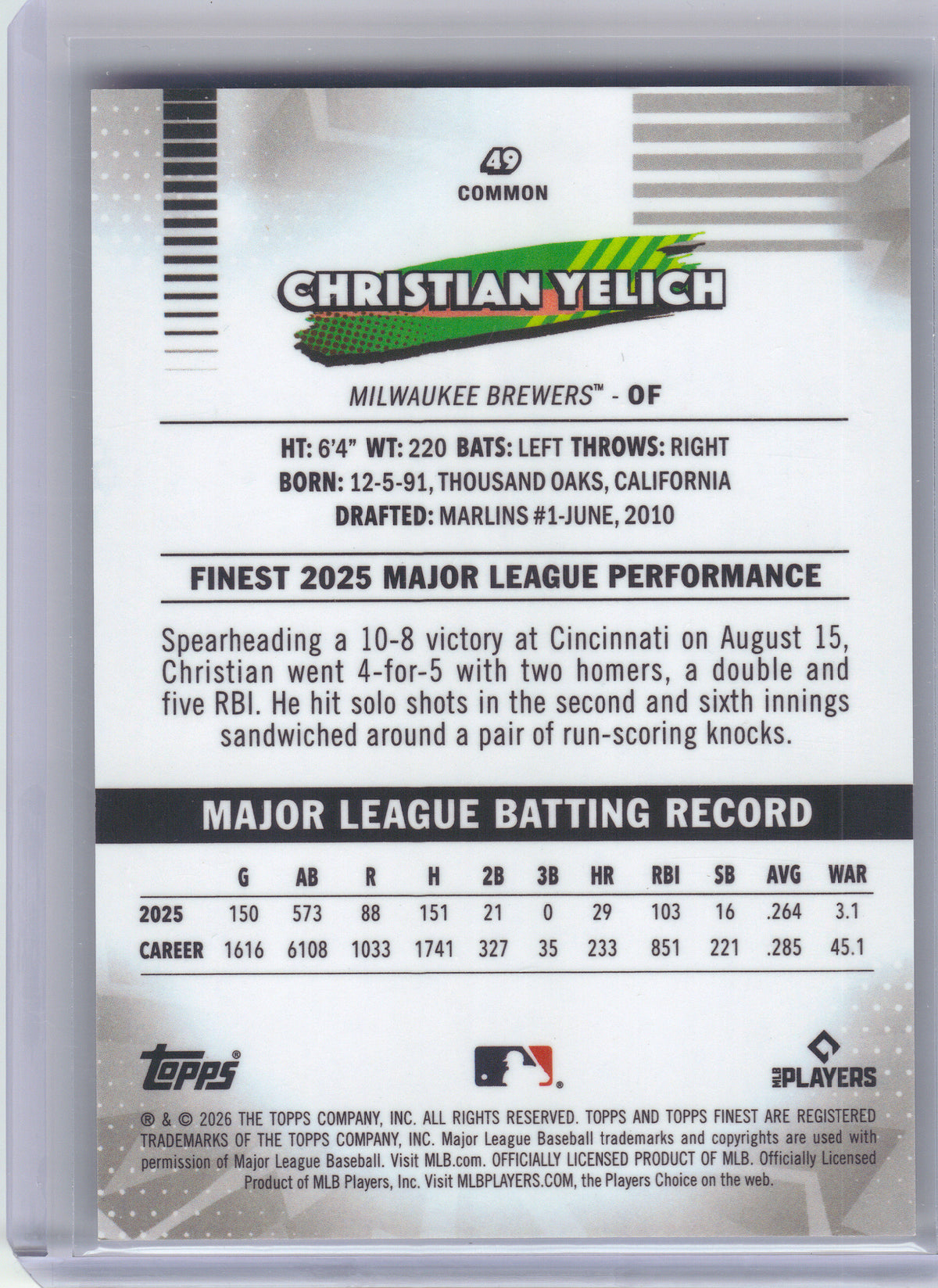 2026 Finest #49 Christian Yelich White Mini-Diamond Refractors #/30 Milwaukee Brewers SN