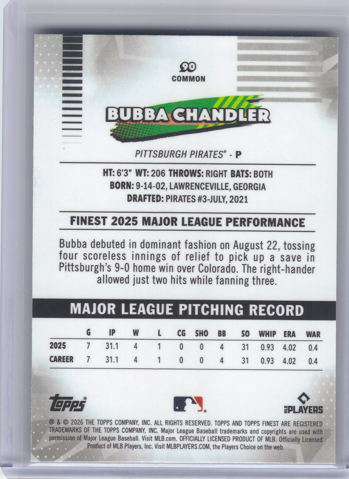 2026 Finest #90 Bubba Chandler Pittsburgh Pirates RC