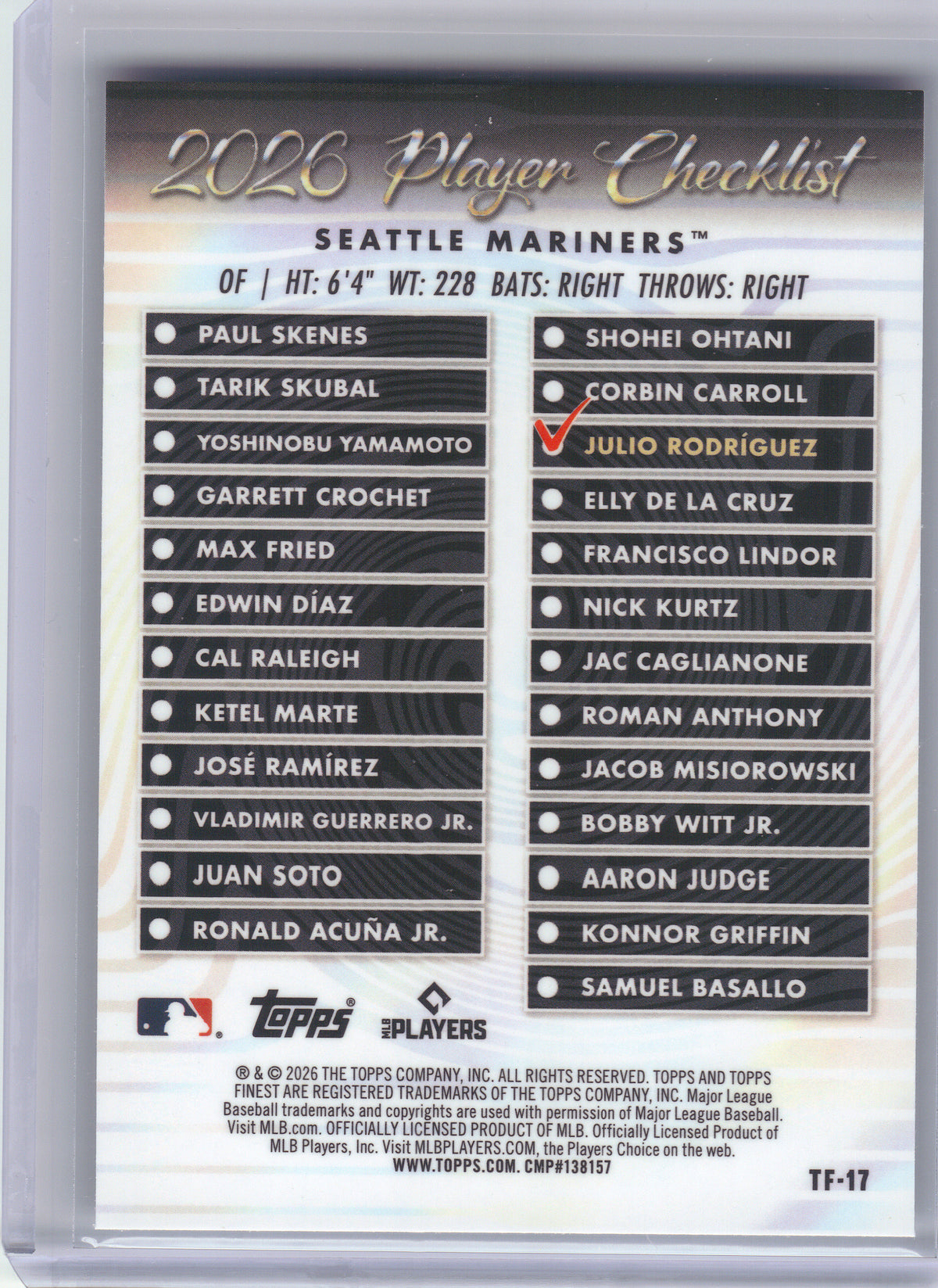 2026 Finest #TF-17 Julio Rodríguez Topps Team Finest Seattle Mariners