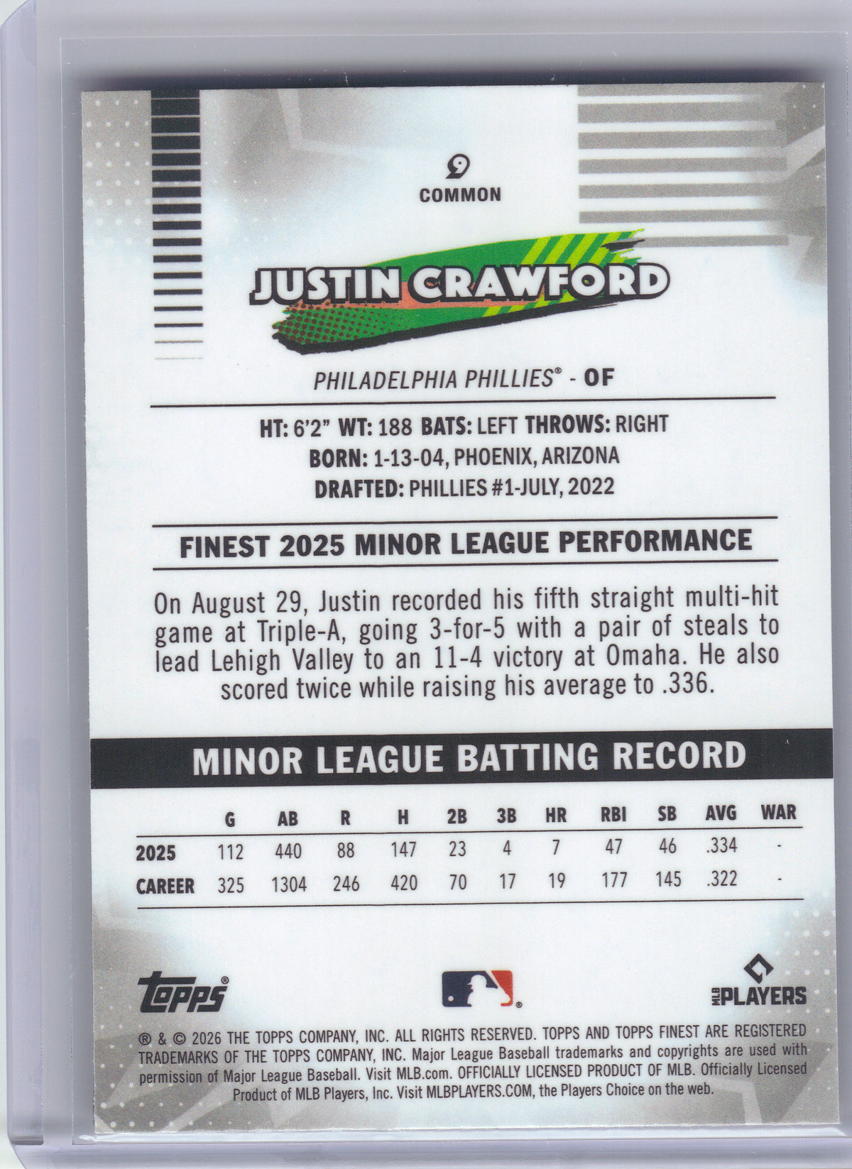 2026 Finest #9 Justin Crawford Philadelphia Phillies RC