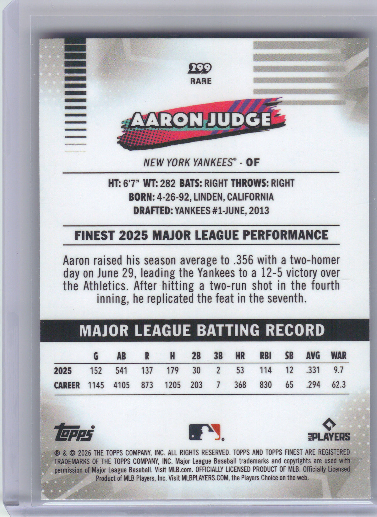 2026 Finest #299 Aaron Judge New York Yankees