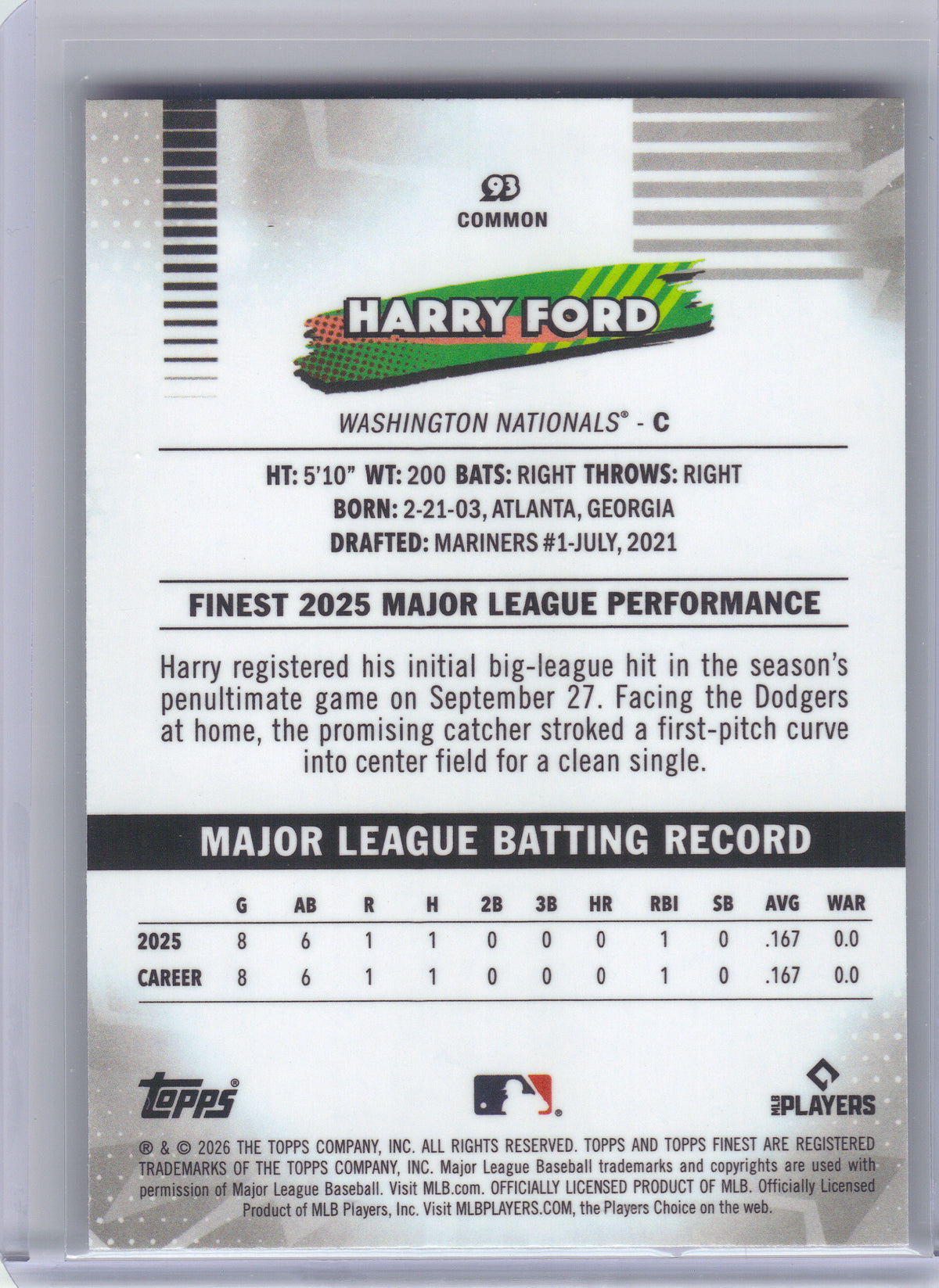 2026 Finest #93 Harry Ford Washington Nationals RC