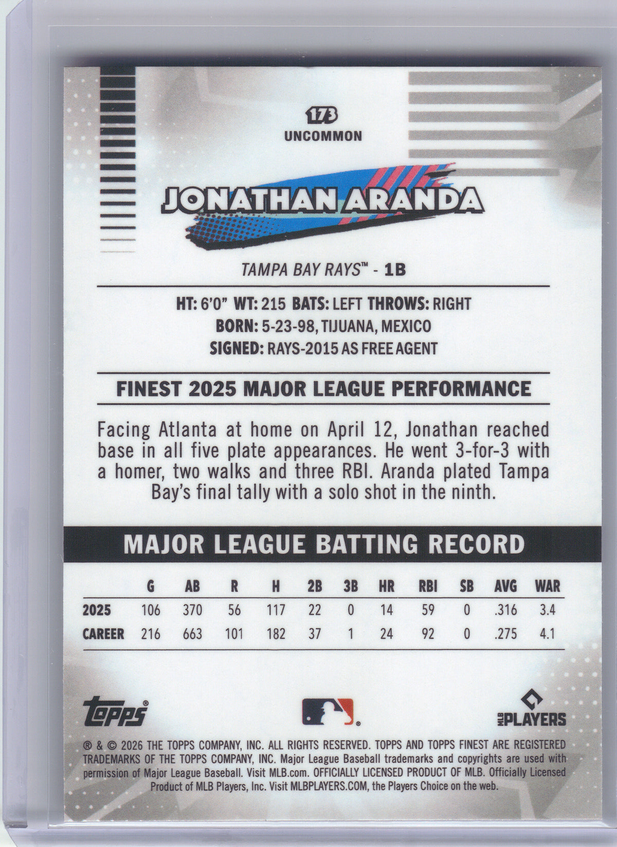 2026 Finest #173 Jonathan Aranda Tampa Bay Rays