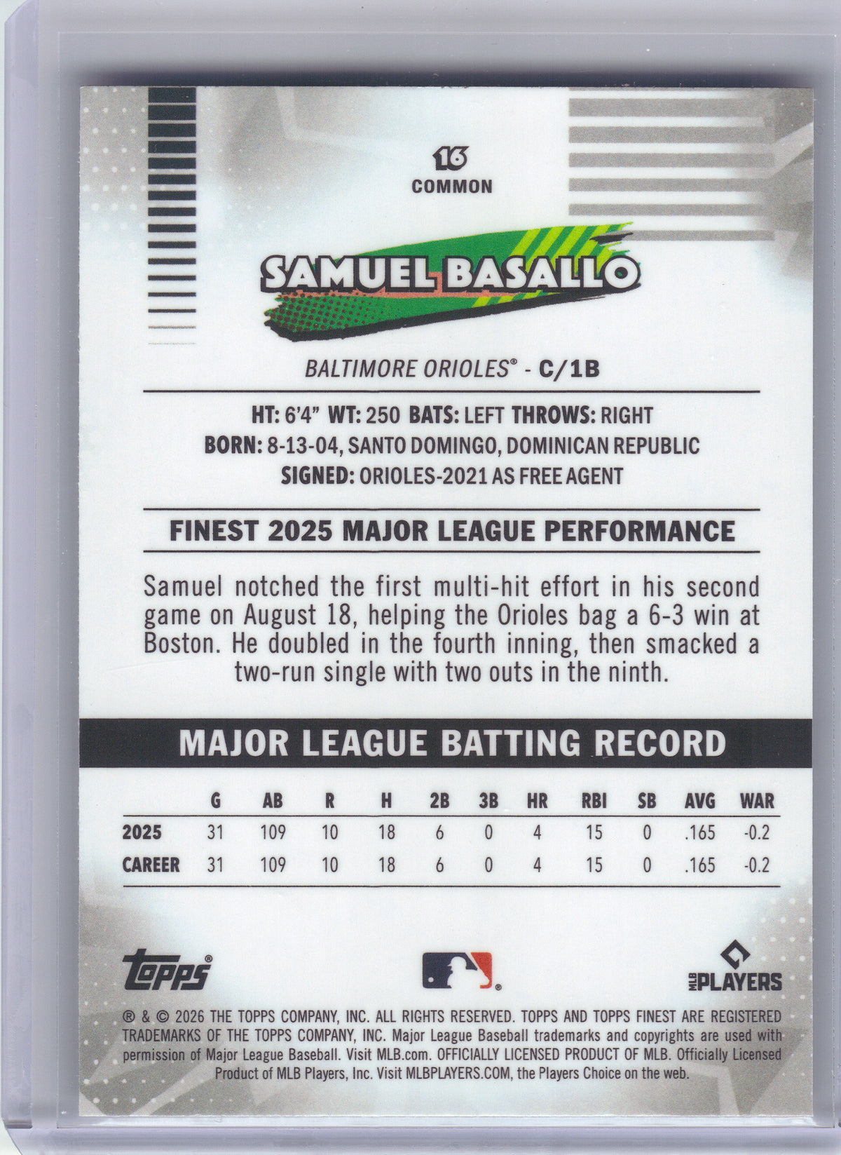 2026 Finest #16 Samuel Basallo Refractors Baltimore Orioles RC