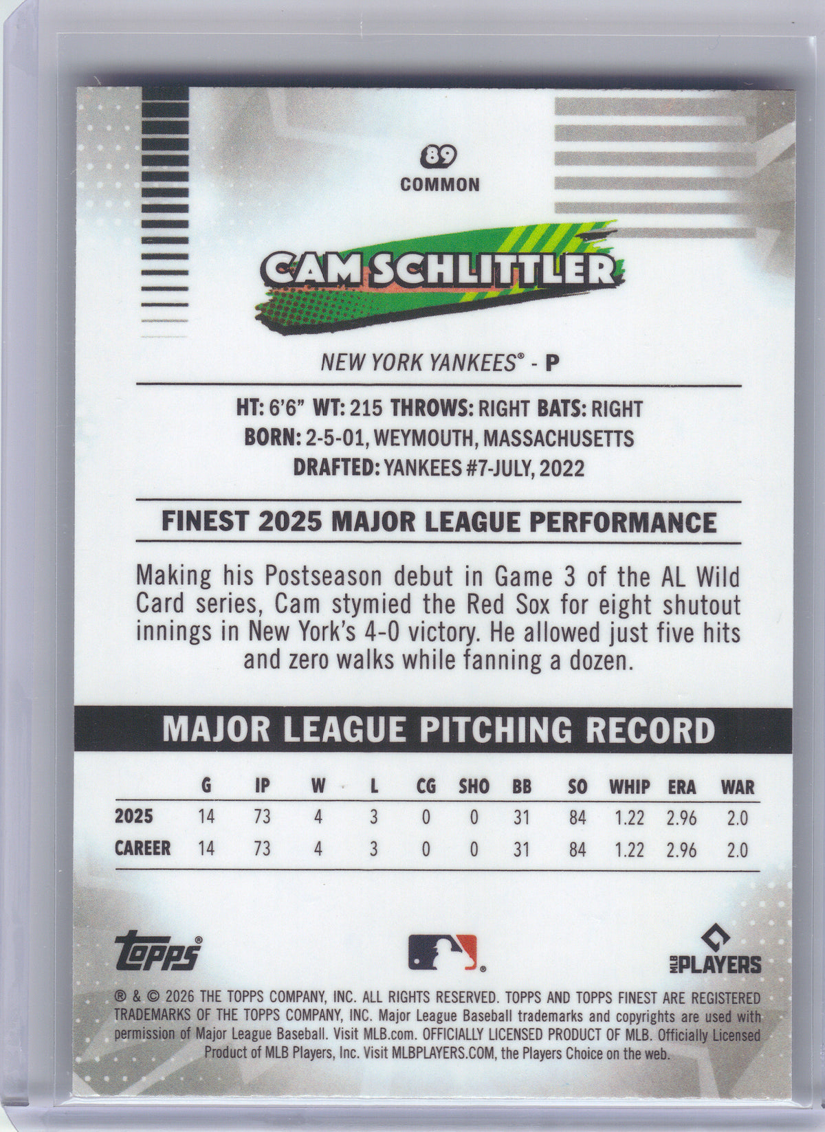 2026 Finest #89 Cam Schlittler New York Yankees RC