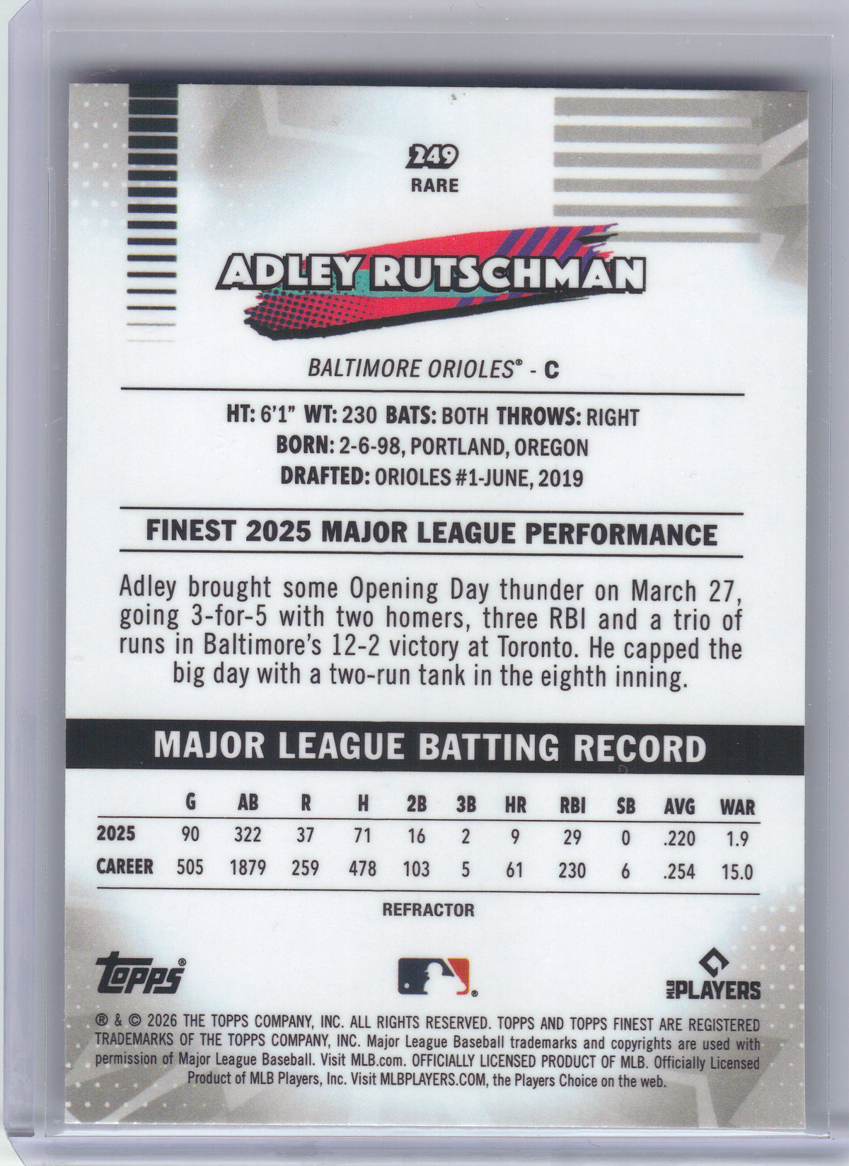2026 Finest #249 Adley Rutschman Baltimore Orioles