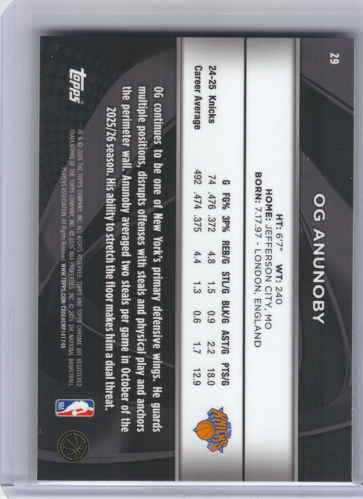 2025-26 Topps Chrome Black #29 OG Anunoby New York Knicks