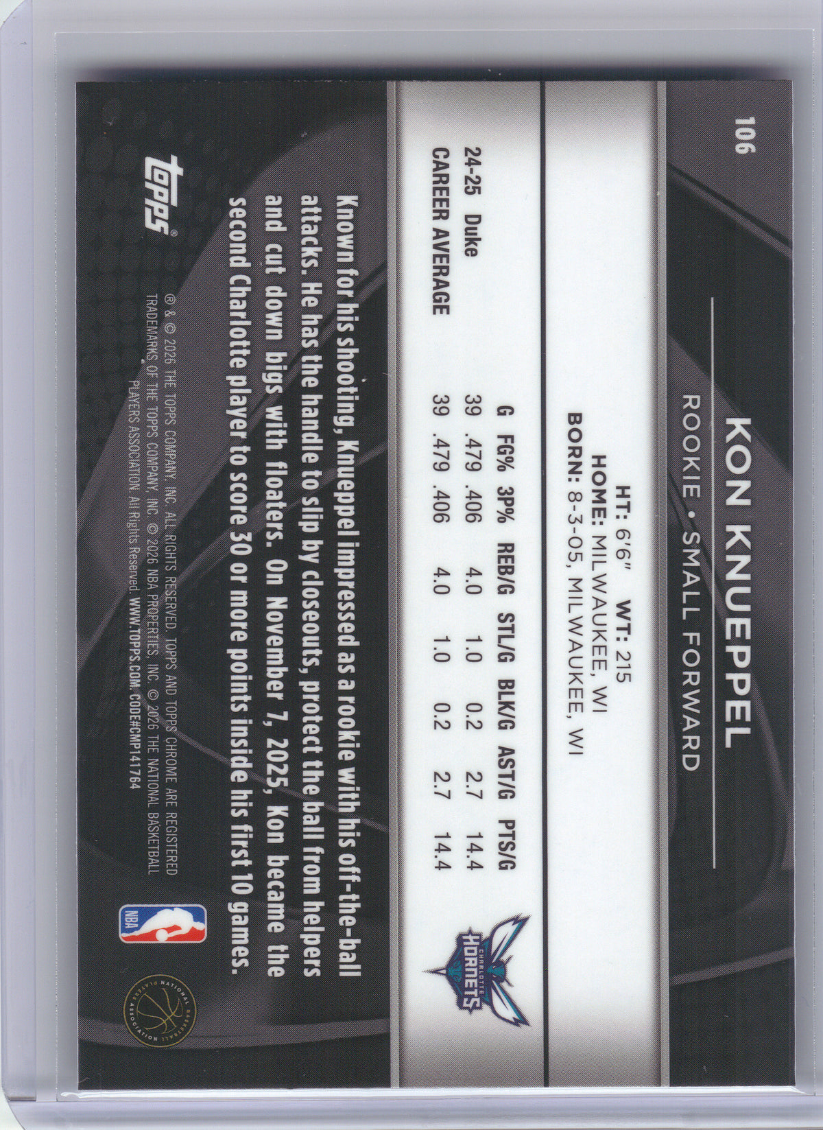 2025-26 Topps Chrome Black #106 Kon Knueppel Charlotte Hornets RC