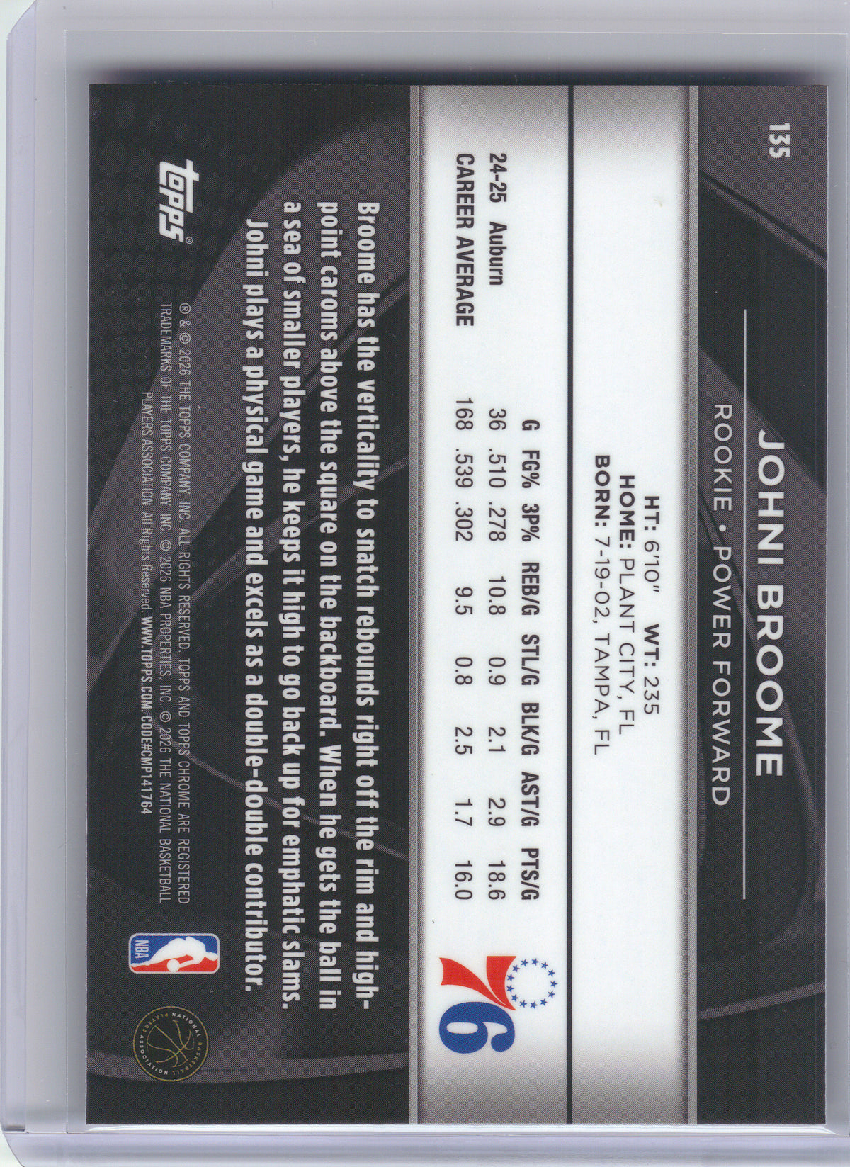 2025-26 Topps Chrome Black #135 Johni Broome Philadelphia 76ers RC
