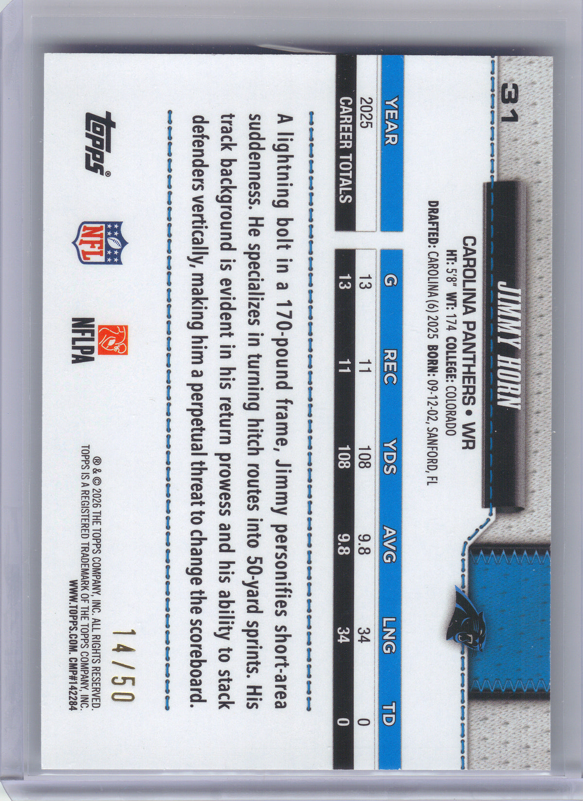 2026 Topps Flagship #31 Jimmy Horn Jr. Canvas #/50 Carolina Panthers SN