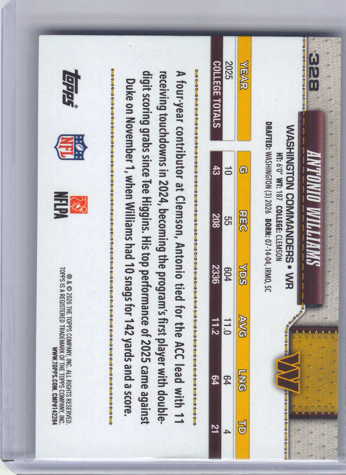 2026 Topps Flagship #328 Antonio Williams Holo Foil Washington Commanders