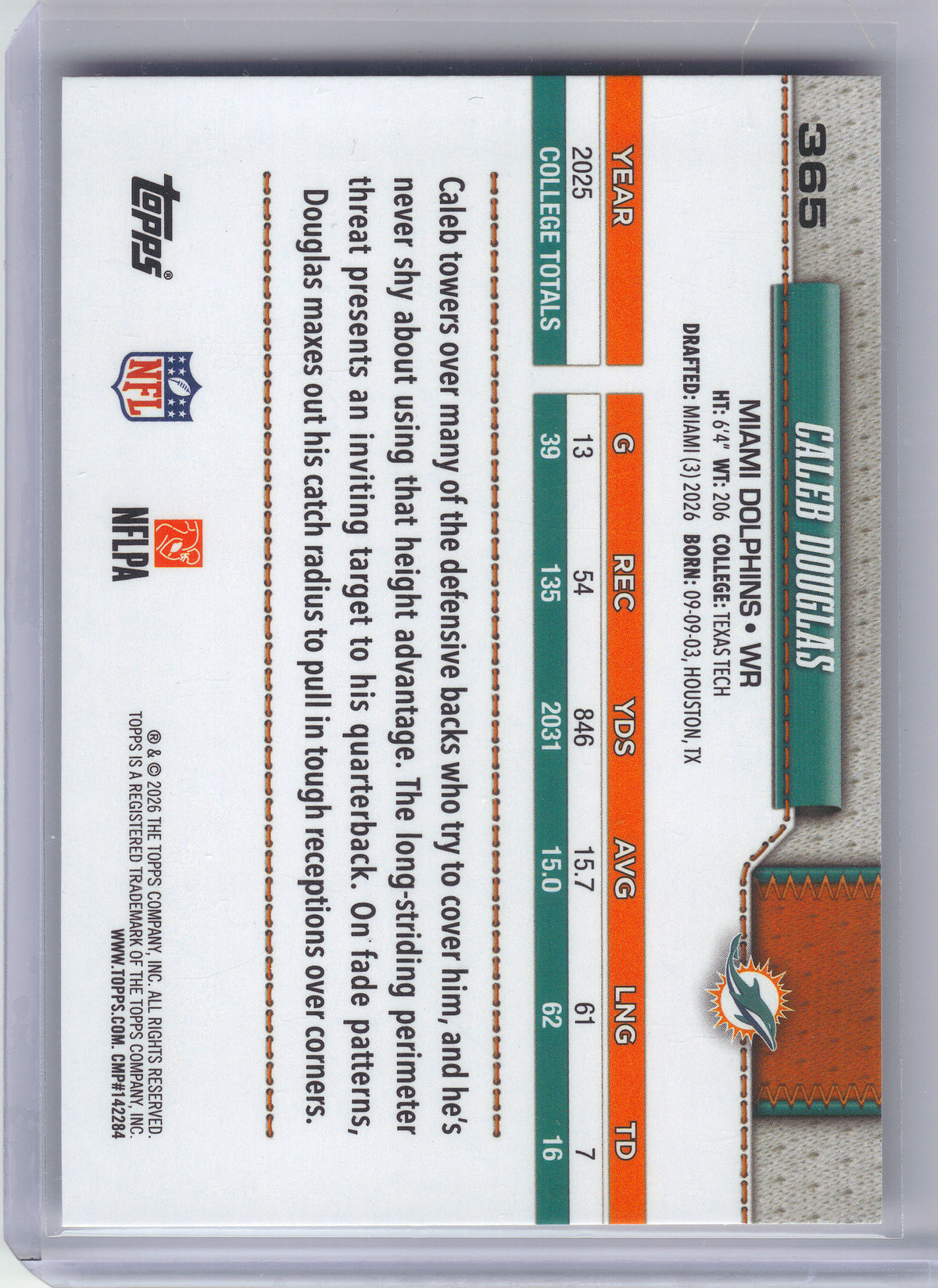 2026 Topps Flagship #365 Caleb Douglas Miami Dolphins RC