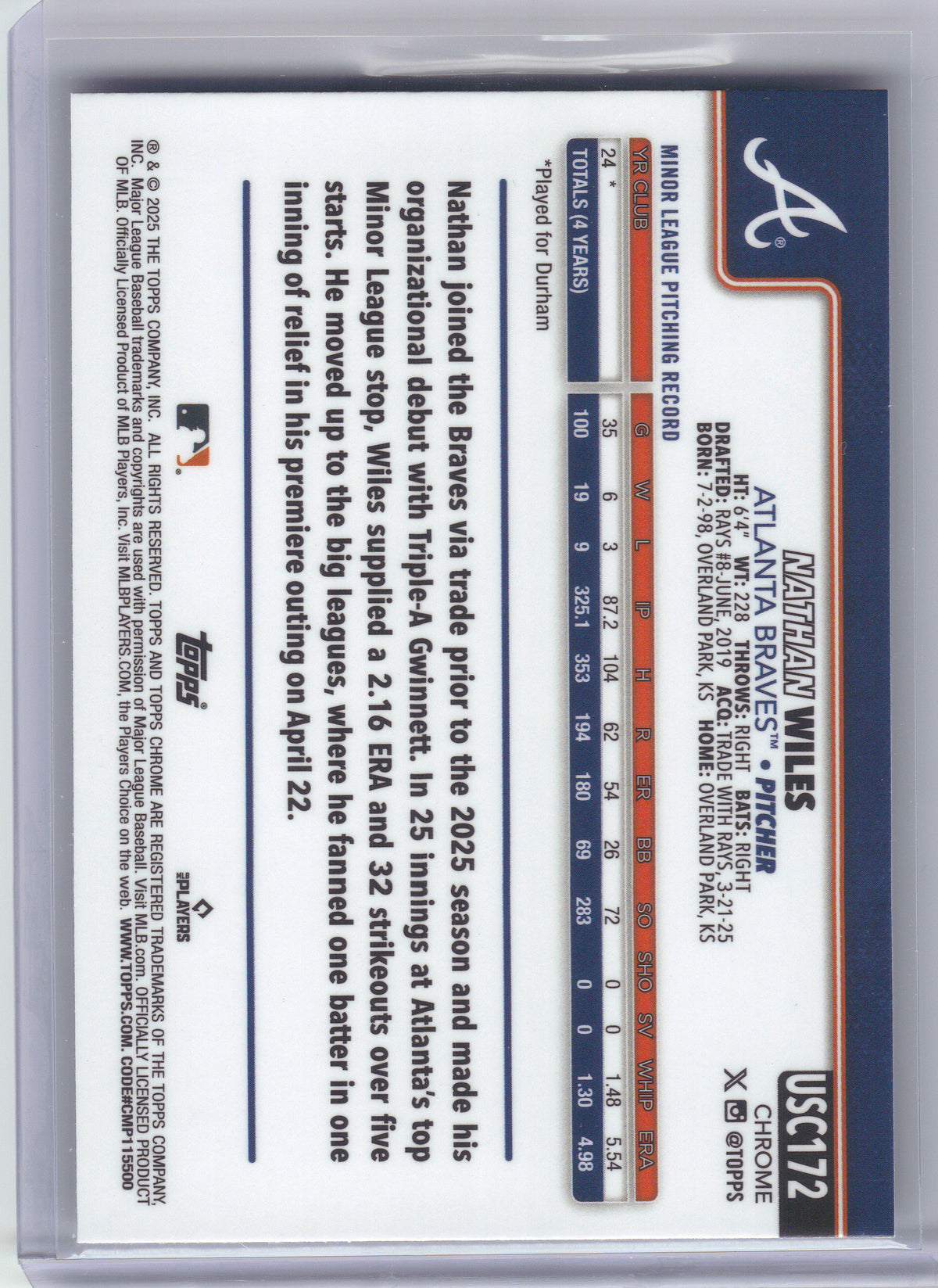 2025 Topps Chrome Update #USC172 Nathan Wiles Atlanta Braves RC