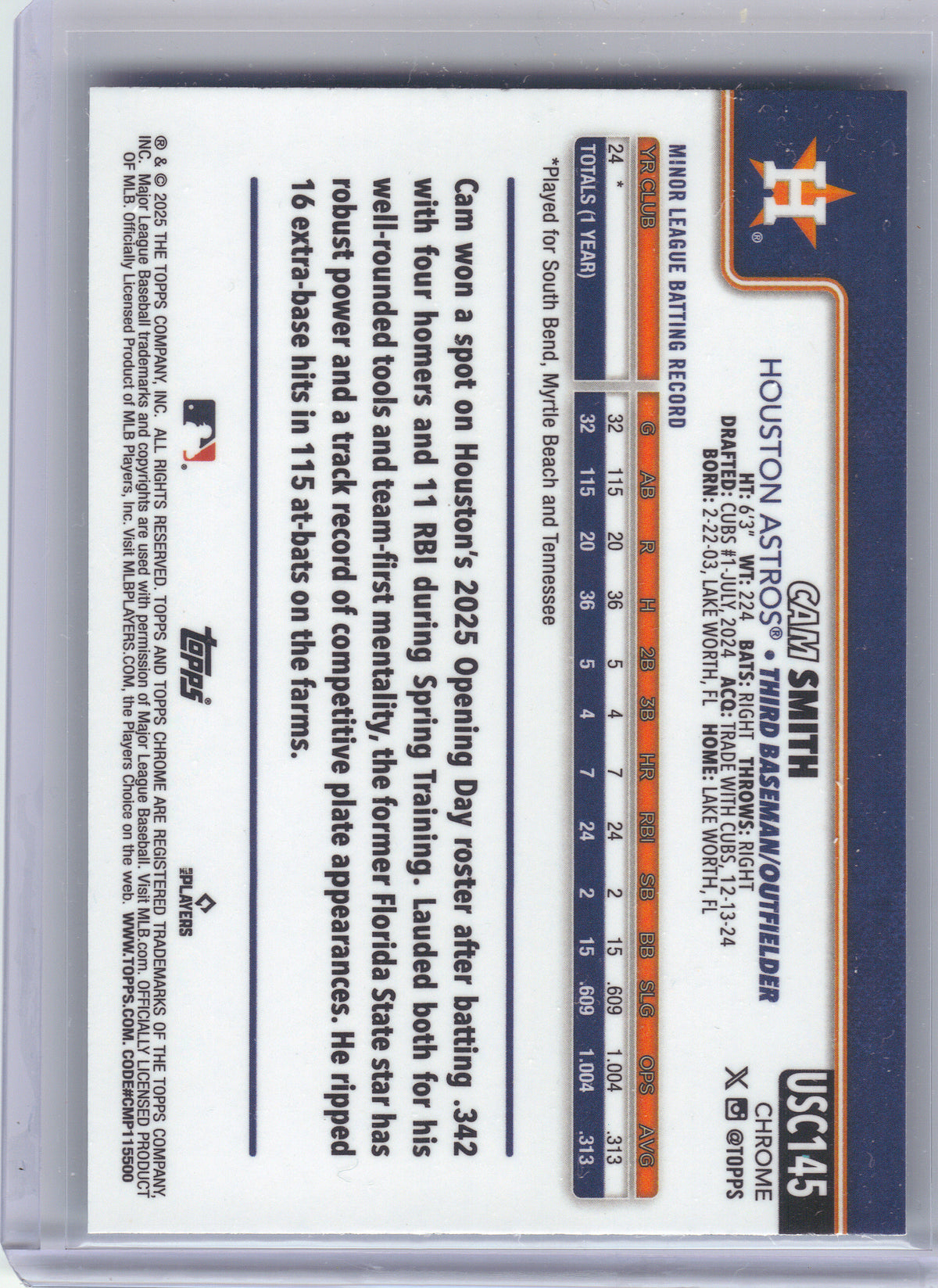 2025 Topps Chrome Update #USC145 Cam Smith Teal RayWave Refractor #/299 Houston Astros SN, RC