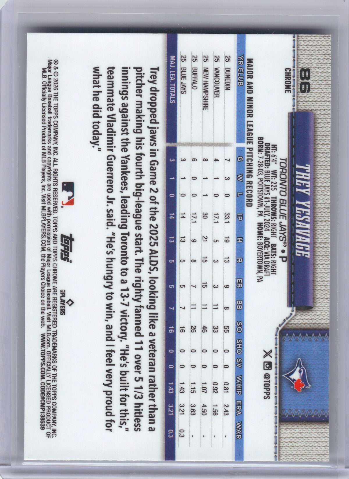 2026 Topps Chrome #86 Trey Yesavage X-Fractors Toronto Blue Jays RC