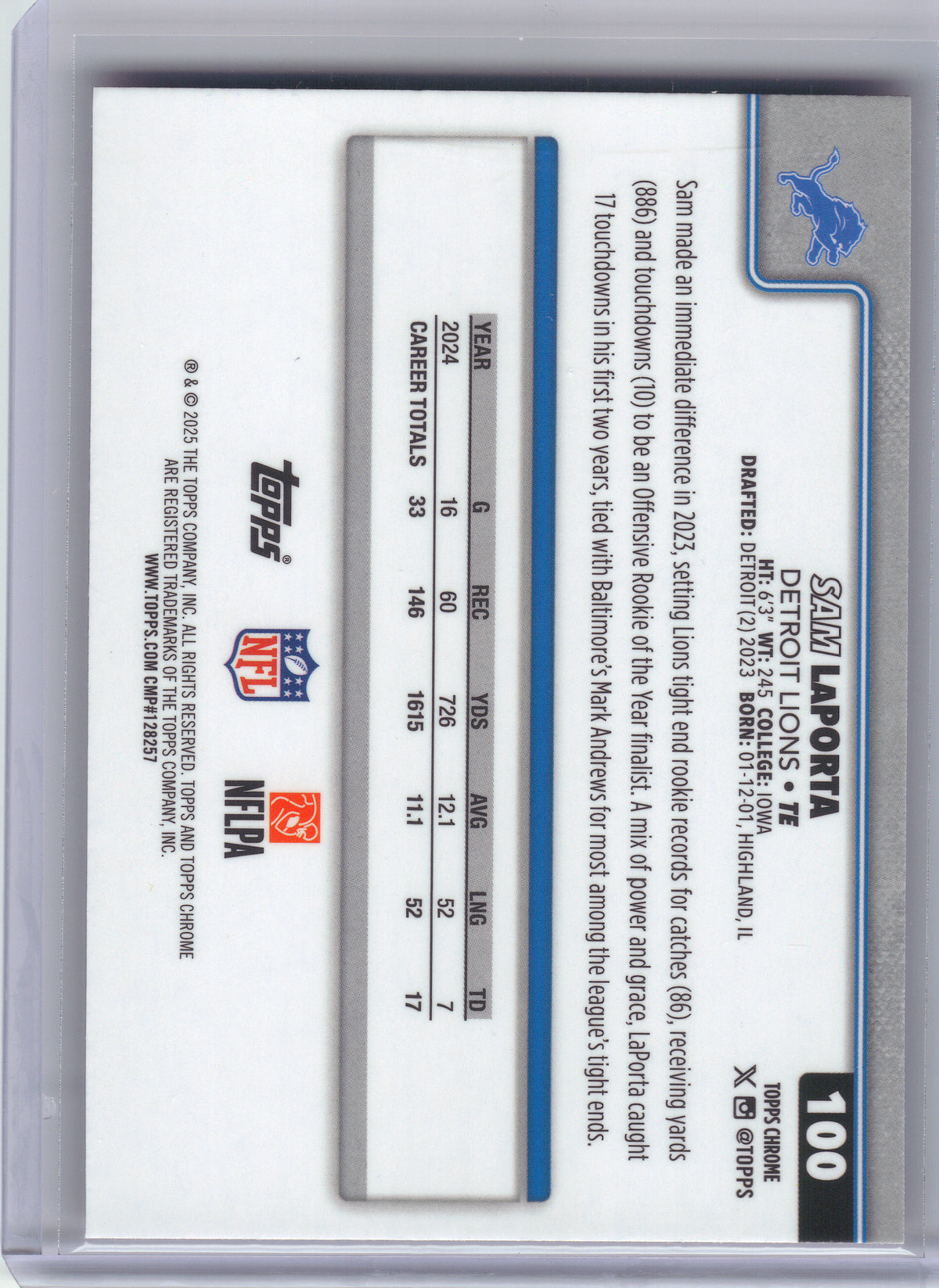 2025 Topps Chrome #100 Sam LaPorta Hot Pink X-Fractor Detroit Lions