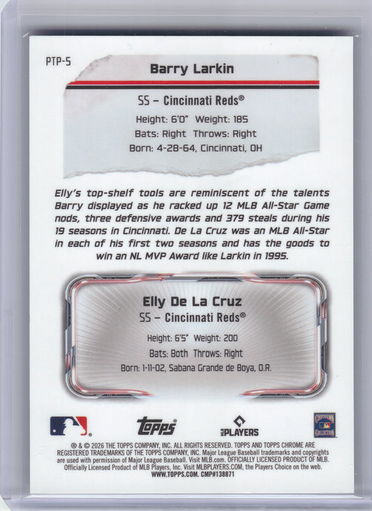 2026 Topps Chrome #PTP-5 Barry Larkin / Elly De La Cruz Past to Present Purple Refractor #/75 Cincinnati Reds SN