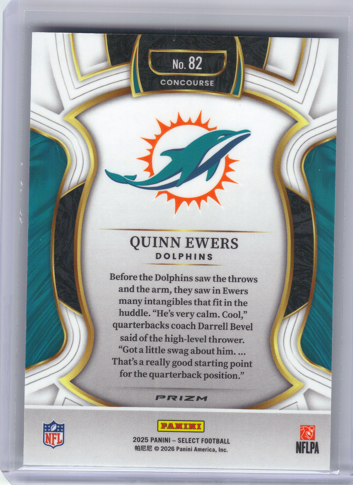 2025 Panini Select #82 Quinn Ewers Silver Prizm Miami Dolphins RC