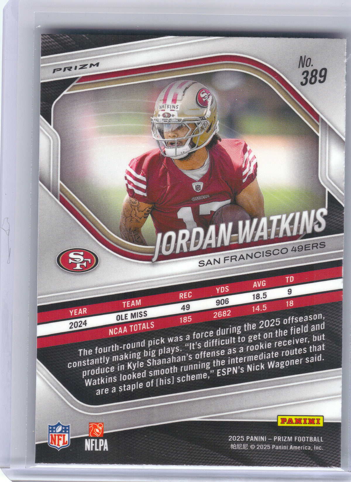 2025 Panini Prizm #389 Jordan Watkins Neon Green Pulsar San Francisco 49ers