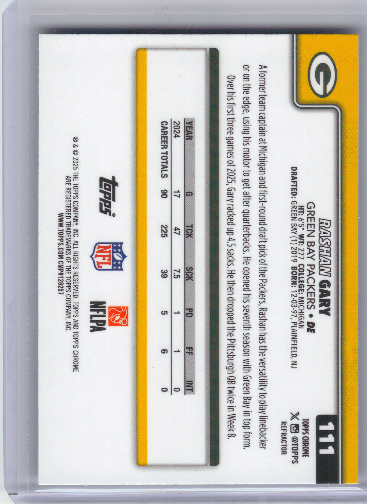 2025 Topps Chrome #111 Rashan Gary Refractor Green Bay Packers