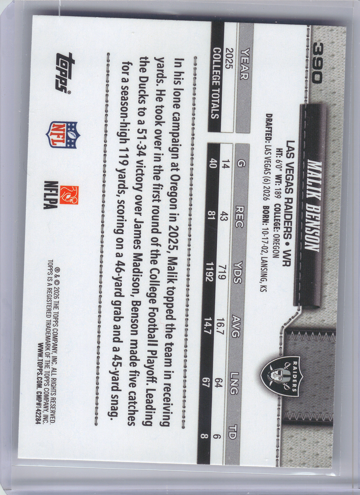 2026 Topps Flagship #390 Malik Benson Las Vegas Raiders RC