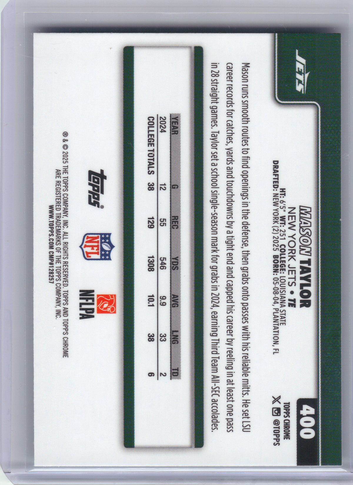 2025 Topps Chrome #400 Mason Taylor Teal Refractor #/299 New York Jets SN, RC
