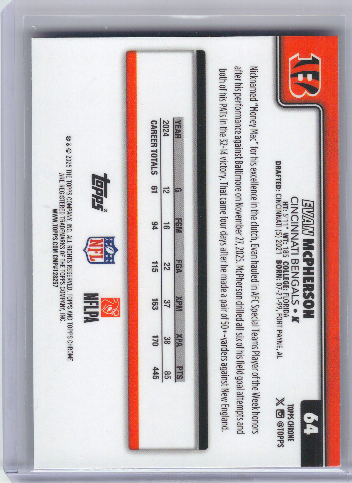 2025 Topps Chrome #64 Evan McPherson Ray Wave Refractor Cincinnati Bengals