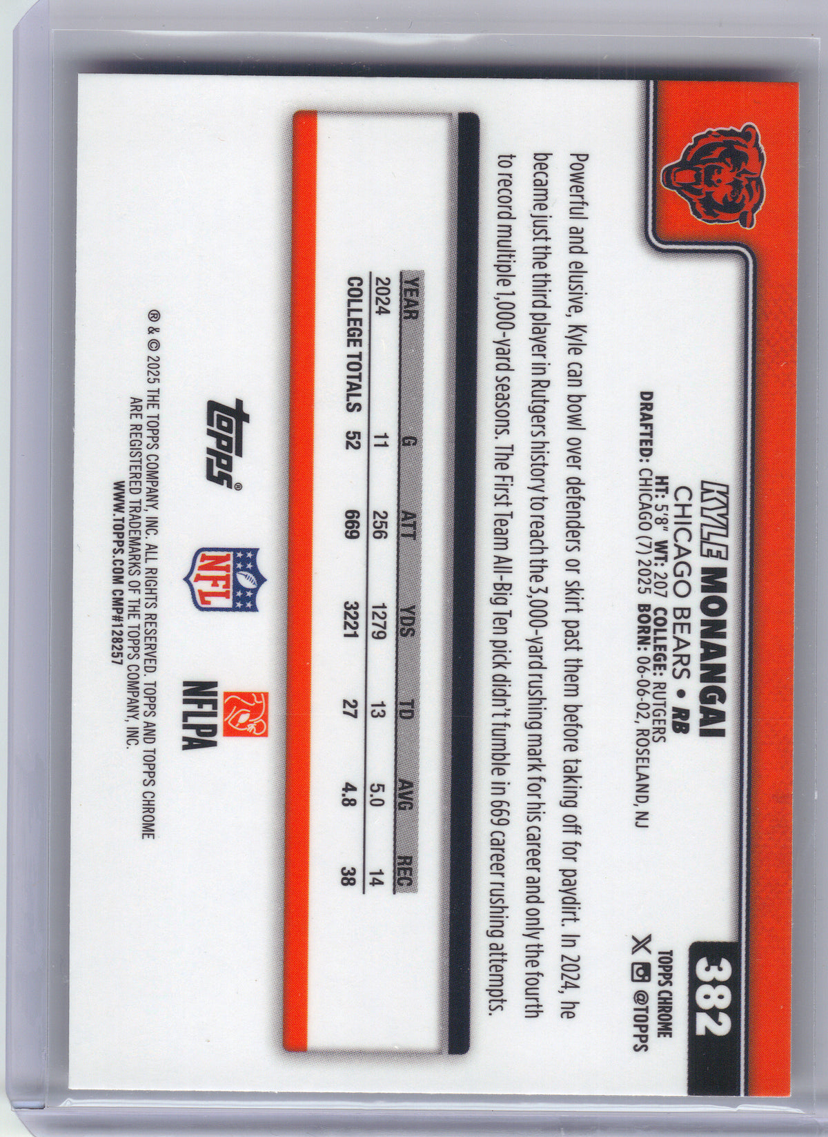 2025 Topps Chrome #382 Kyle Monangai Football Leather Refractor Chicago Bears RC