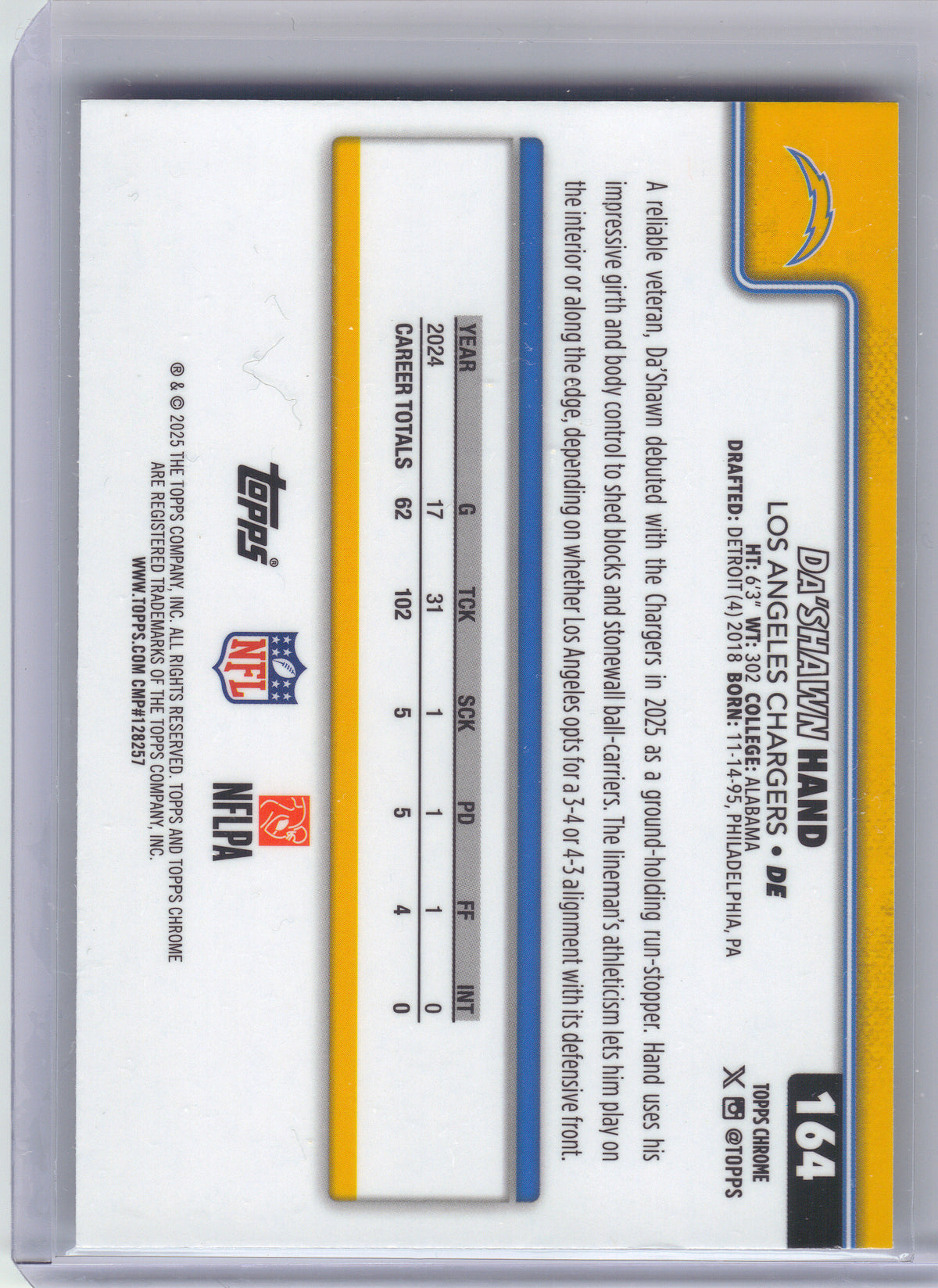 2025 Topps Chrome #164 Da'Shawn Hand Ray Wave Refractor Los Angeles Chargers