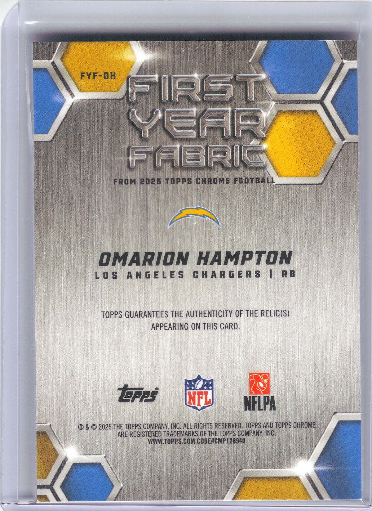2025 Topps Chrome #FYF-OH Omarion Hampton First Year Fabric Los Angeles Chargers MEM