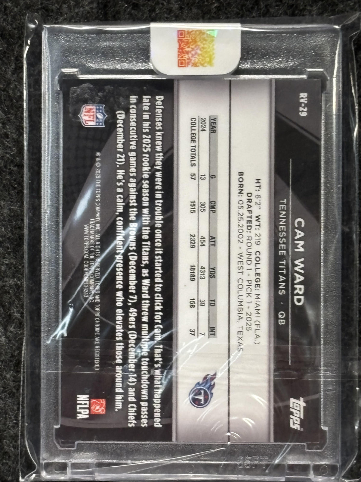 2025 Topps Chrome Black #RV-29 Cam Ward Rookie Variations Gold Refractor #/50 Tennessee Titans SN