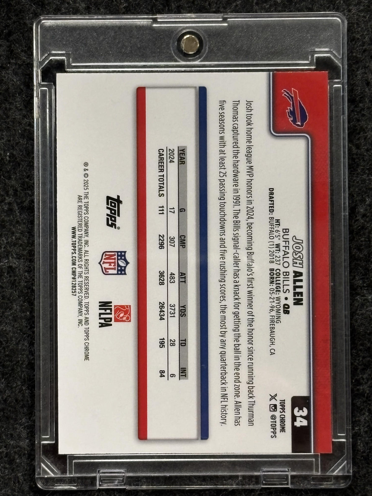 2025 Topps Chrome #34 Josh Allen Teal Refractor #/299 Buffalo Bills SN