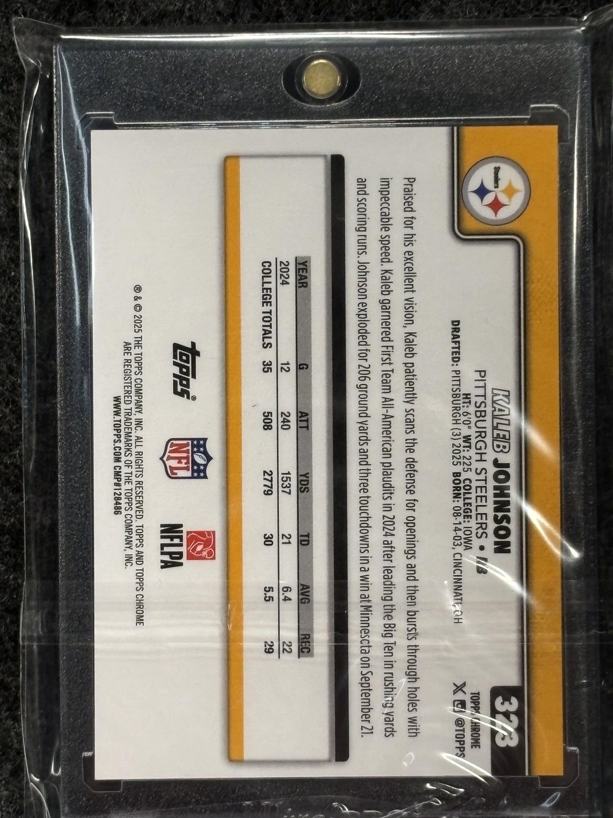2025 Topps Chrome #323 Kaleb Johnson Red Refractor Image Variation Pittsburgh Steelers SN, RC