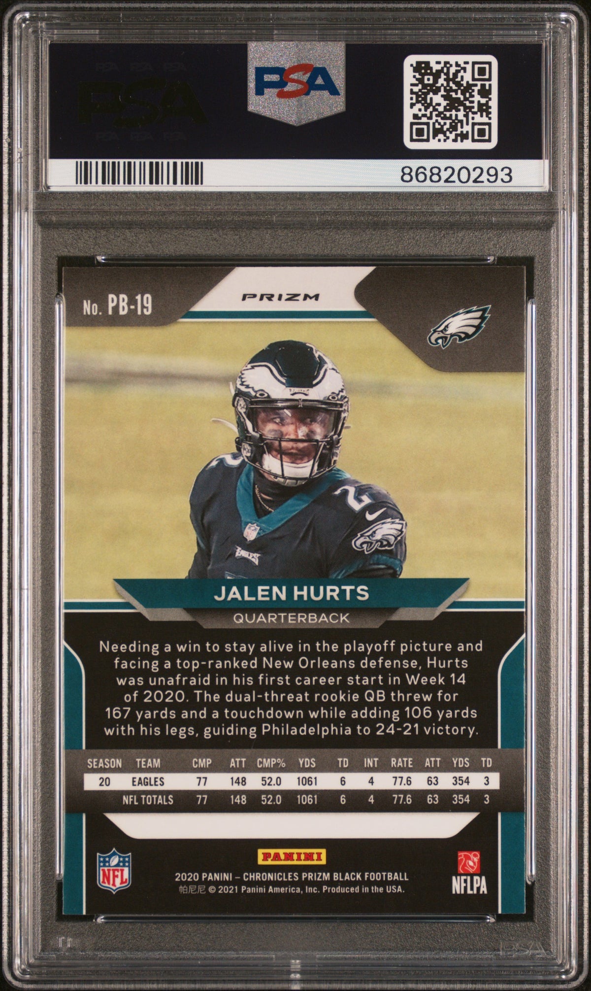 2020 Panini Chronicles Prizm Black #PB19 Jalen Hurts Prizm Black-Silver PSA 9 Philadelphia Eagles