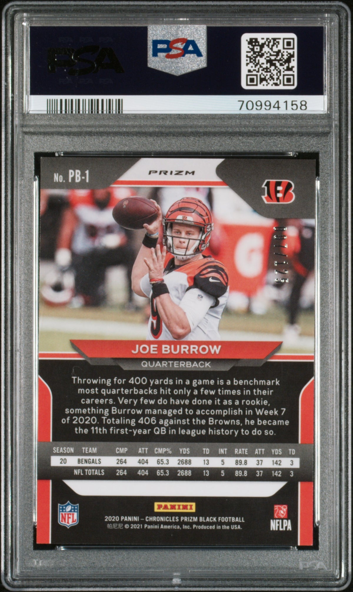 2020 Panini Chronicles #PB-1 Joe Burrow Prizm Black Purple PSA 9 #/125 Cincinnati Bengals SN