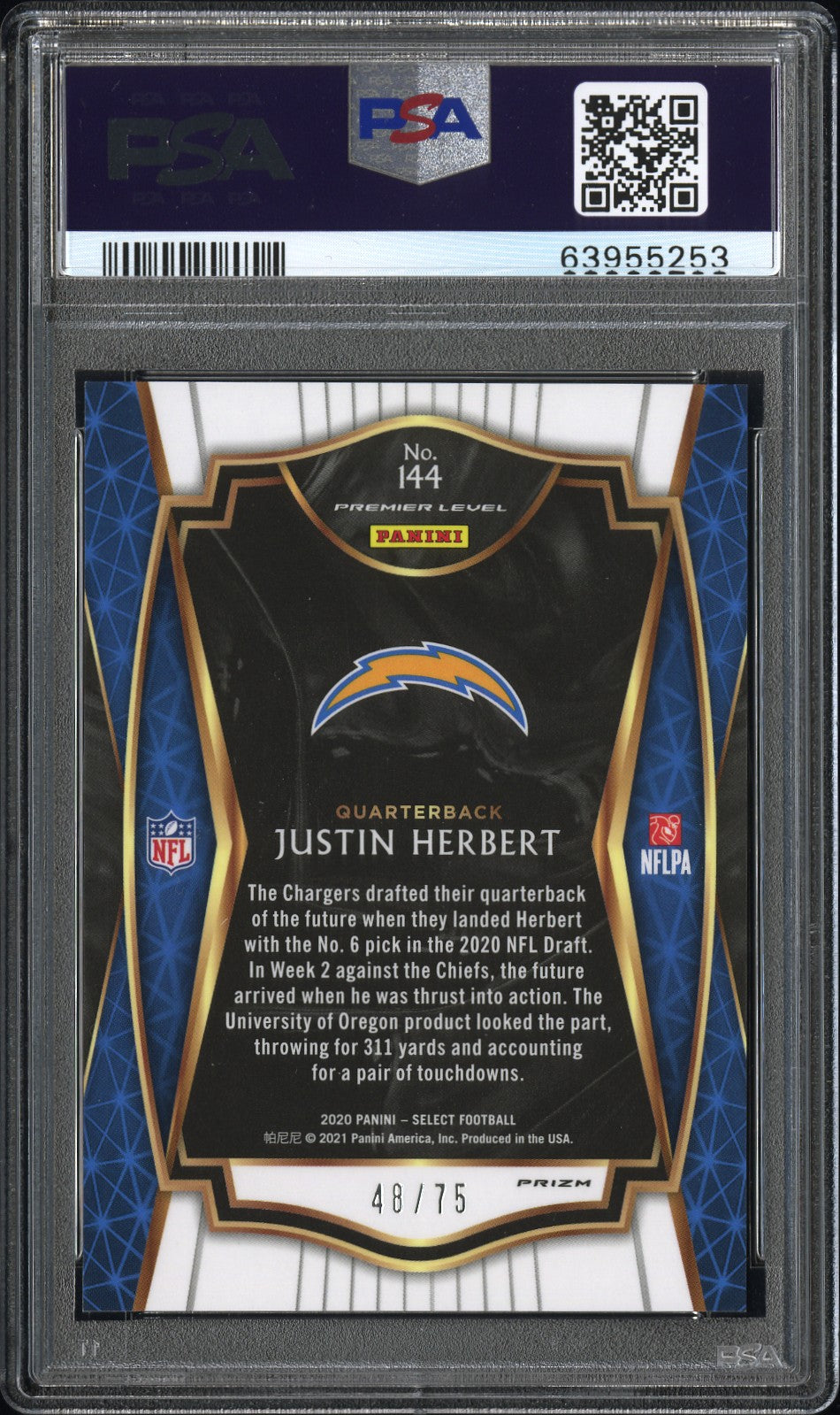 2020 Panini Select #144 Justin Herbert Purple Prizm PSA 10 #/75 Los Angeles Chargers SN, RC