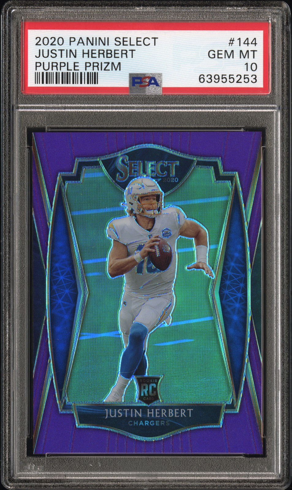 2020 Panini Select #144 Justin Herbert Purple Prizm PSA 10 #/75 Los Angeles Chargers SN, RC