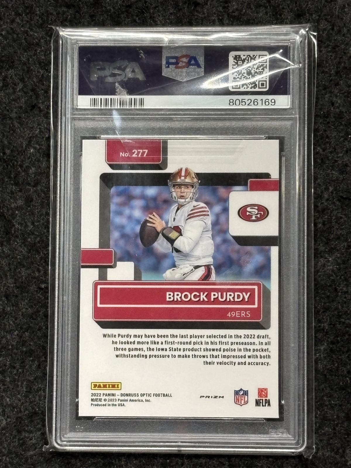 2022 Donruss Optic #277 Brock Purdy Purple Shock PSA 10 San Francisco 49ers RC